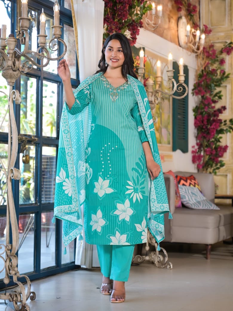 Cotton Suit Set Floral Printed  with Dupatta