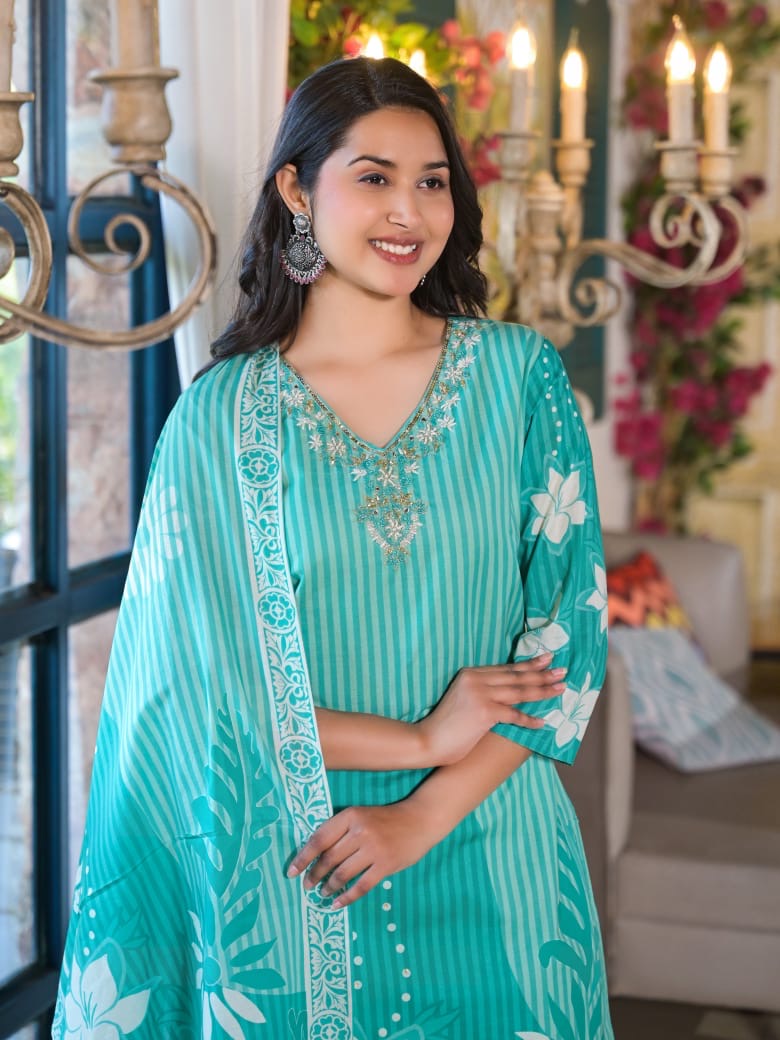 Cotton Suit Set Floral Printed  with Dupatta