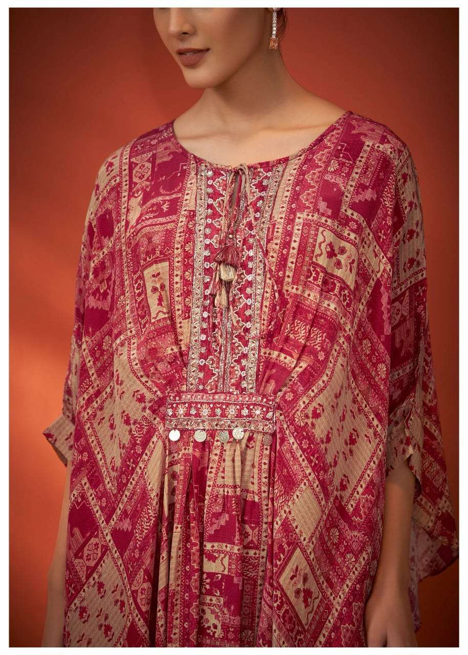 Maroon & Beige Printed Rayon Embroidered Kaftan Kurta Set – Kaftan Top & Palazzo (2-Piece Set)