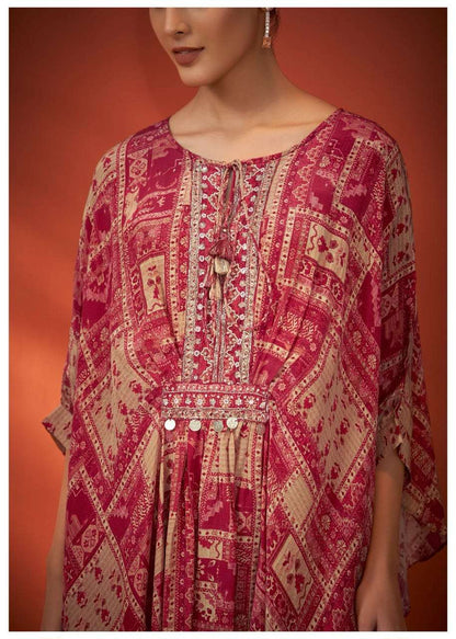 Maroon & Beige Printed Rayon Embroidered Kaftan Kurta Set – Kaftan Top & Palazzo (2-Piece Set)