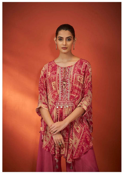 Maroon & Beige Printed Rayon Embroidered Kaftan Kurta Set – Kaftan Top & Palazzo (2-Piece Set)