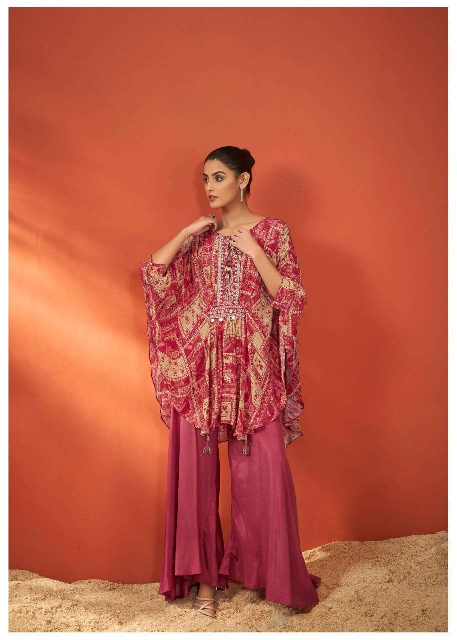 Maroon & Beige Printed Rayon Embroidered Kaftan Kurta Set – Kaftan Top & Palazzo (2-Piece Set)