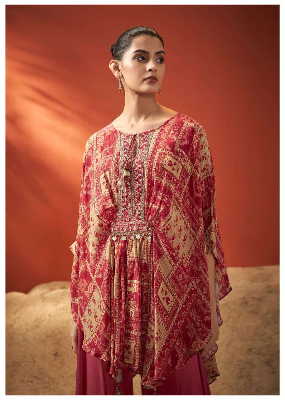 Maroon & Beige Printed Rayon Embroidered Kaftan Kurta Set – Kaftan Top & Palazzo (2-Piece Set)