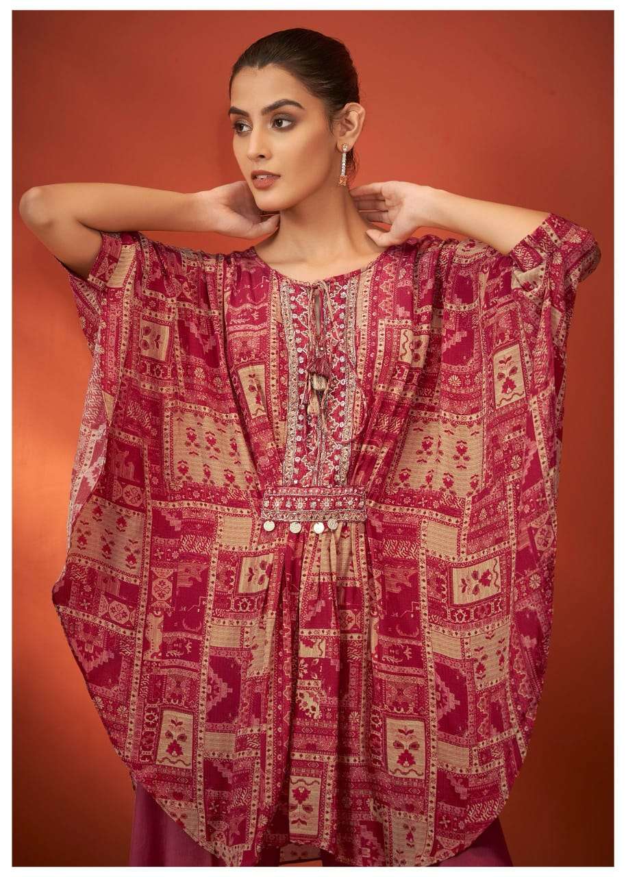 Maroon & Beige Printed Rayon Embroidered Kaftan Kurta Set – Kaftan Top & Palazzo (2-Piece Set)
