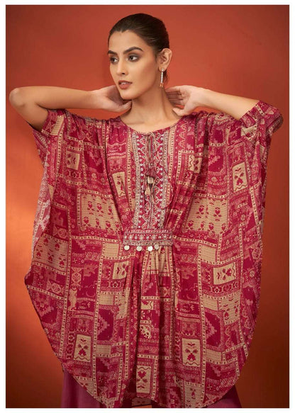 Maroon & Beige Printed Rayon Embroidered Kaftan Kurta Set – Kaftan Top & Palazzo (2-Piece Set)