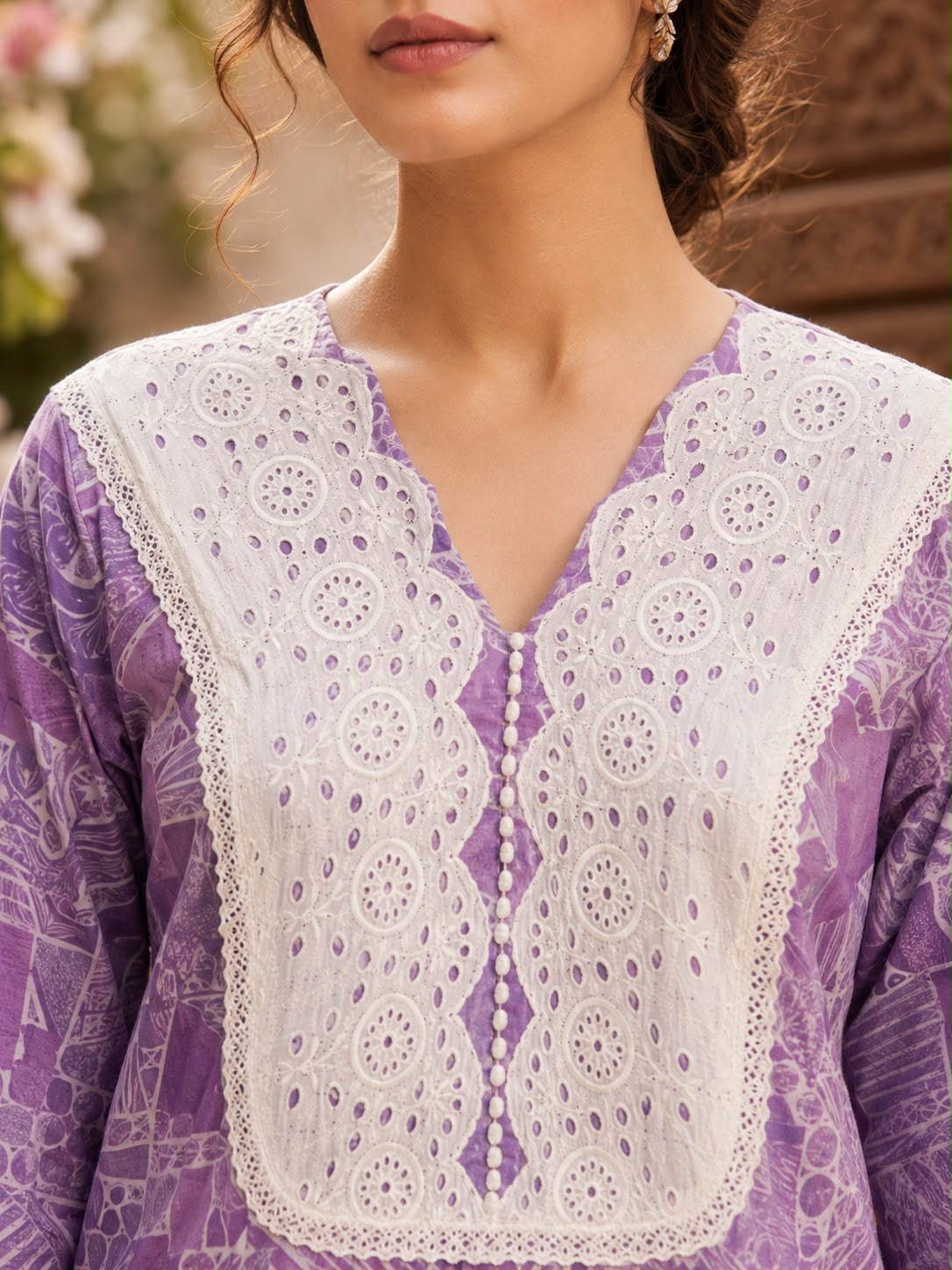 Women’s Lavender Printed Kurta with Off-White Patiala Pants | Embroidered Lace Neck Cotton Blend Ethnic Suit Set | Casual & Festive Wear