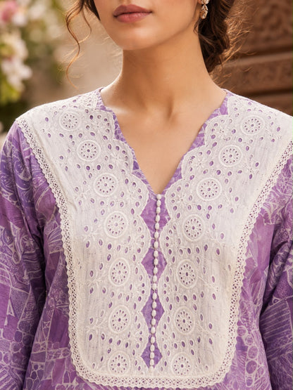 Women’s Lavender Printed Kurta with Off-White Patiala Pants | Embroidered Lace Neck Cotton Blend Ethnic Suit Set | Casual & Festive Wear