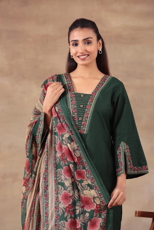 Women’s Dark Green Floral Print Kurta Pant Dupatta Set