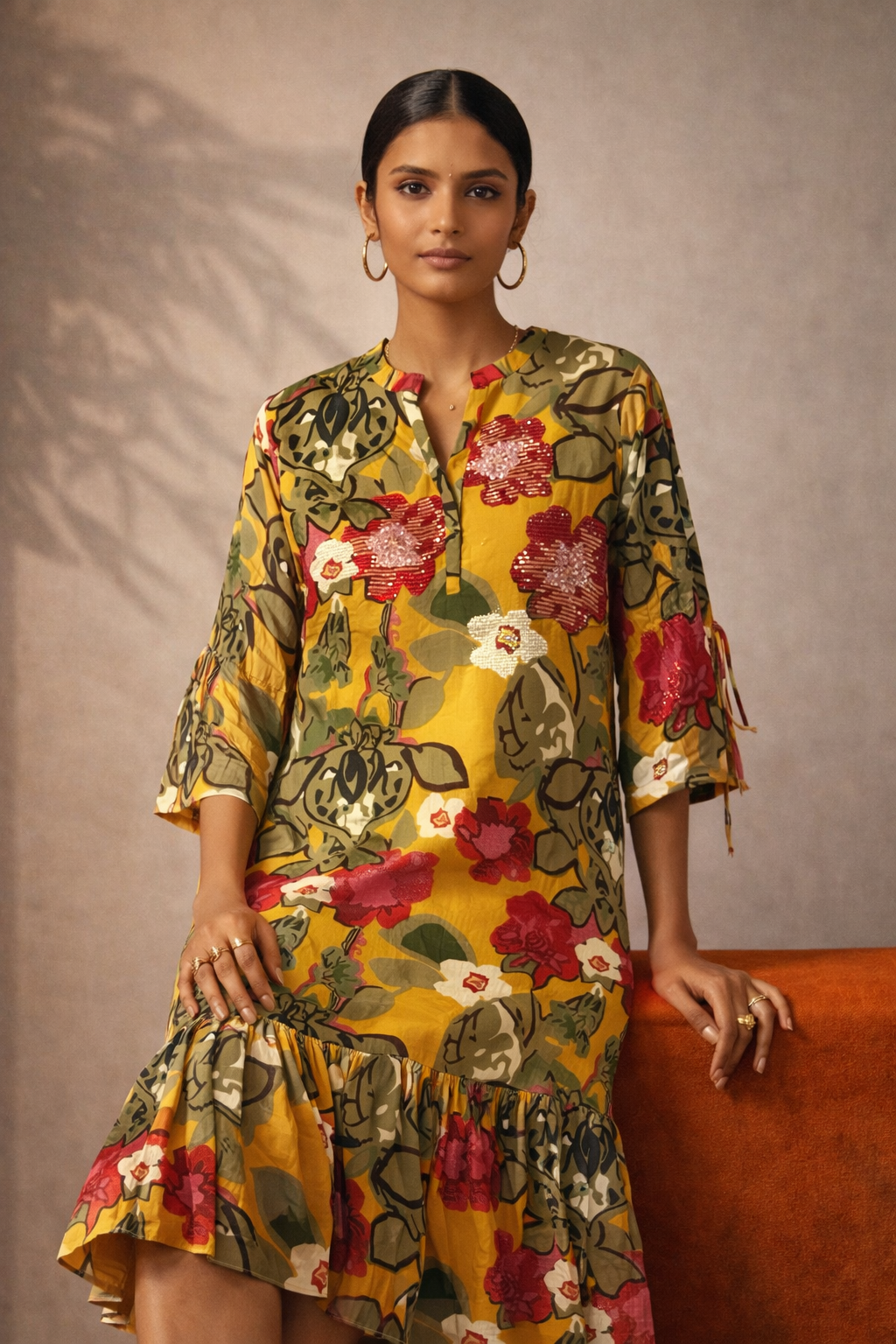 Floral Printed A-Line Midi Dress with Ruffle Hem