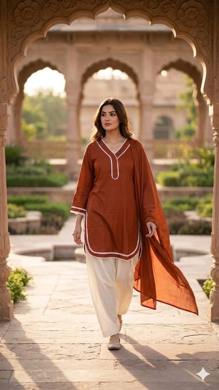 Women’s Rust Brown Straight Kurta with Off-White Patiala Pants & Matching Dupatta | Ethnic Cotton Blend 3-Piece Suit Set | Festive & Casual Wear
