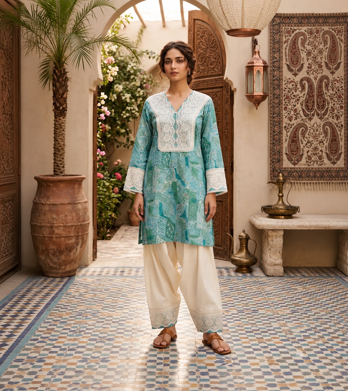 Women’s Lavender Printed Kurta with Off-White Patiala Pants | Embroidered Lace Neck Cotton Blend Ethnic Suit Set | Casual & Festive Wear