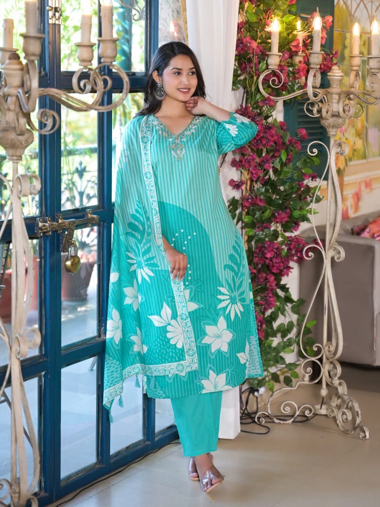 Cotton Suit Set Floral Printed  with Dupatta