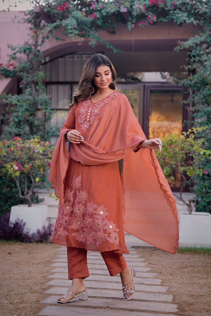 Premium Mul Chanderi Appliqué & Mirror Work Kurta Set with Dupatta