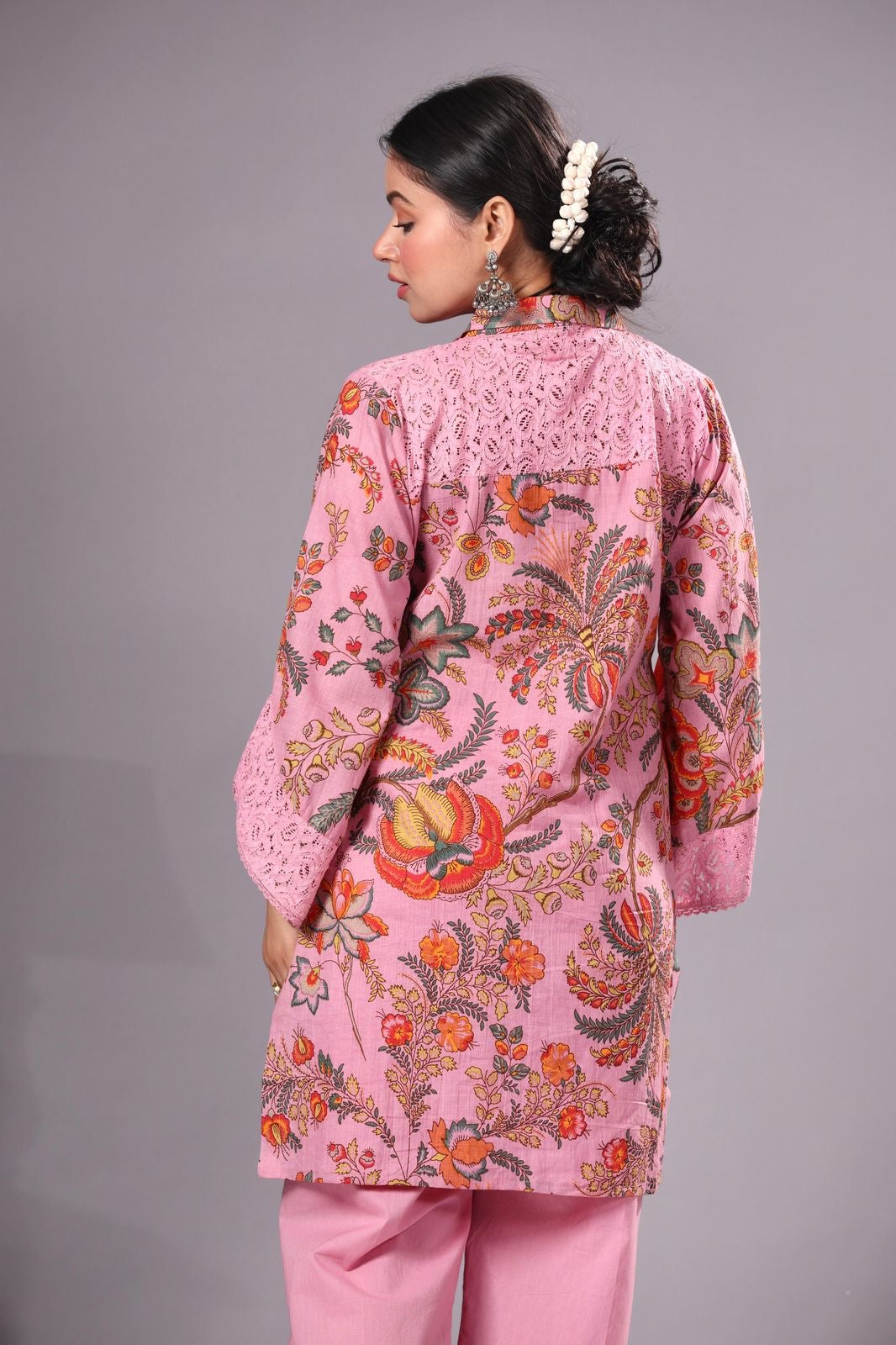 Women’s Pink Floral Printed Kurti Pant Set | Designer Cotton Blend Ethnic Co-Ord Set with Lace Bell Sleeves | Festive & Casual Wear
