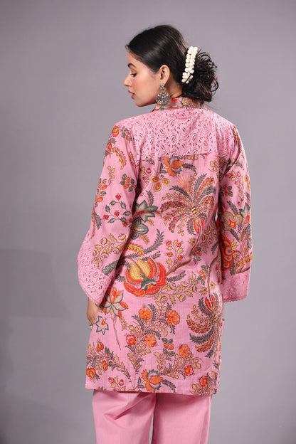 Women’s Pink Floral Printed Kurti Pant Set | Designer Cotton Blend Ethnic Co-Ord Set with Lace Bell Sleeves | Festive & Casual Wear