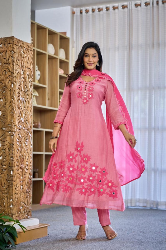 Premium Mul Chanderi Appliqué & Mirror Work Kurta Set with Dupatta