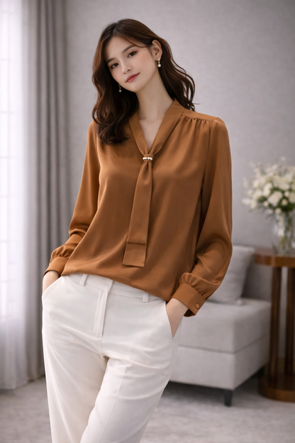 Elegant Tie-Neck Satin Blouse