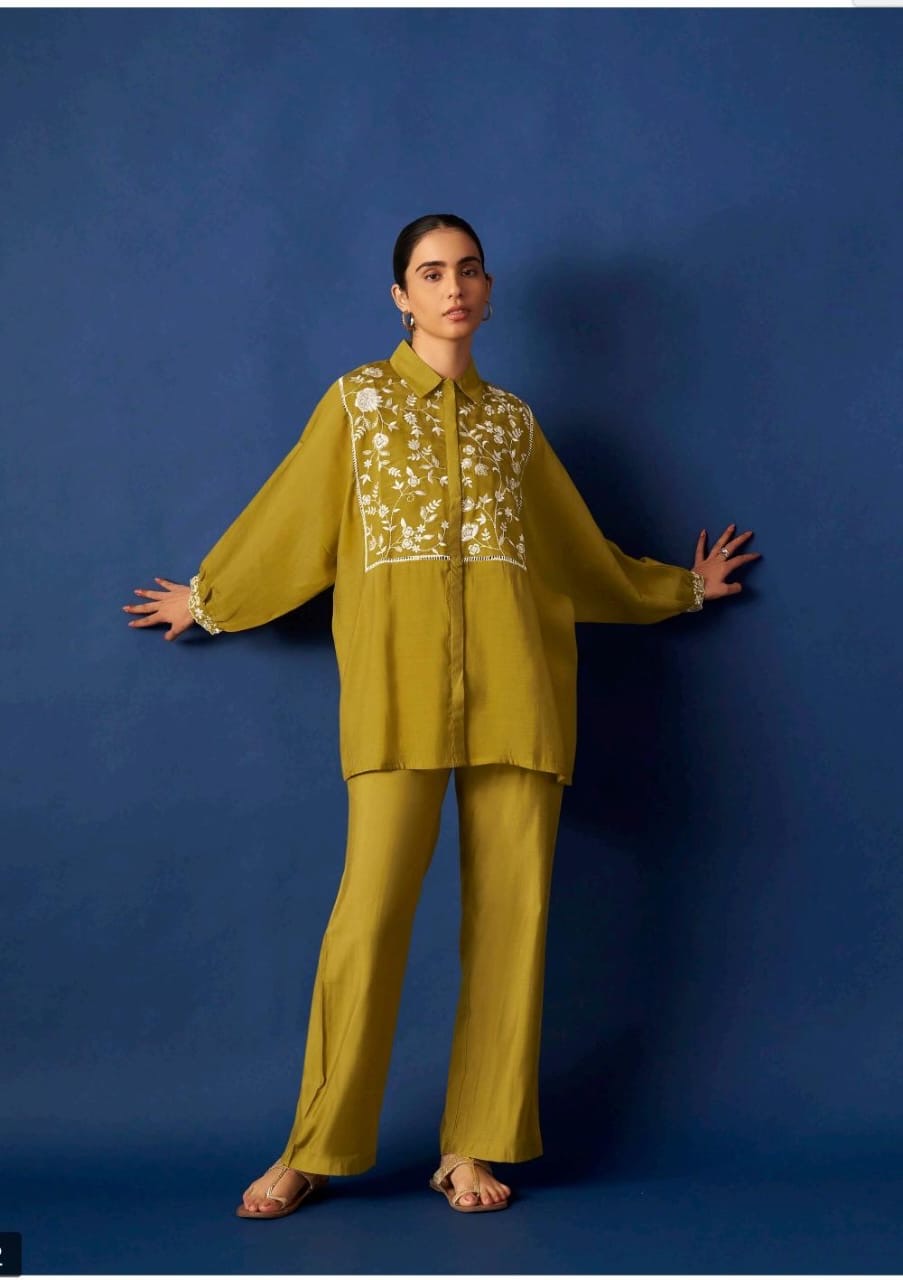 Women’s Olive Green Floral Embroidered Shirt & Straight Pants Co-ord Set | Premium Casual Wear