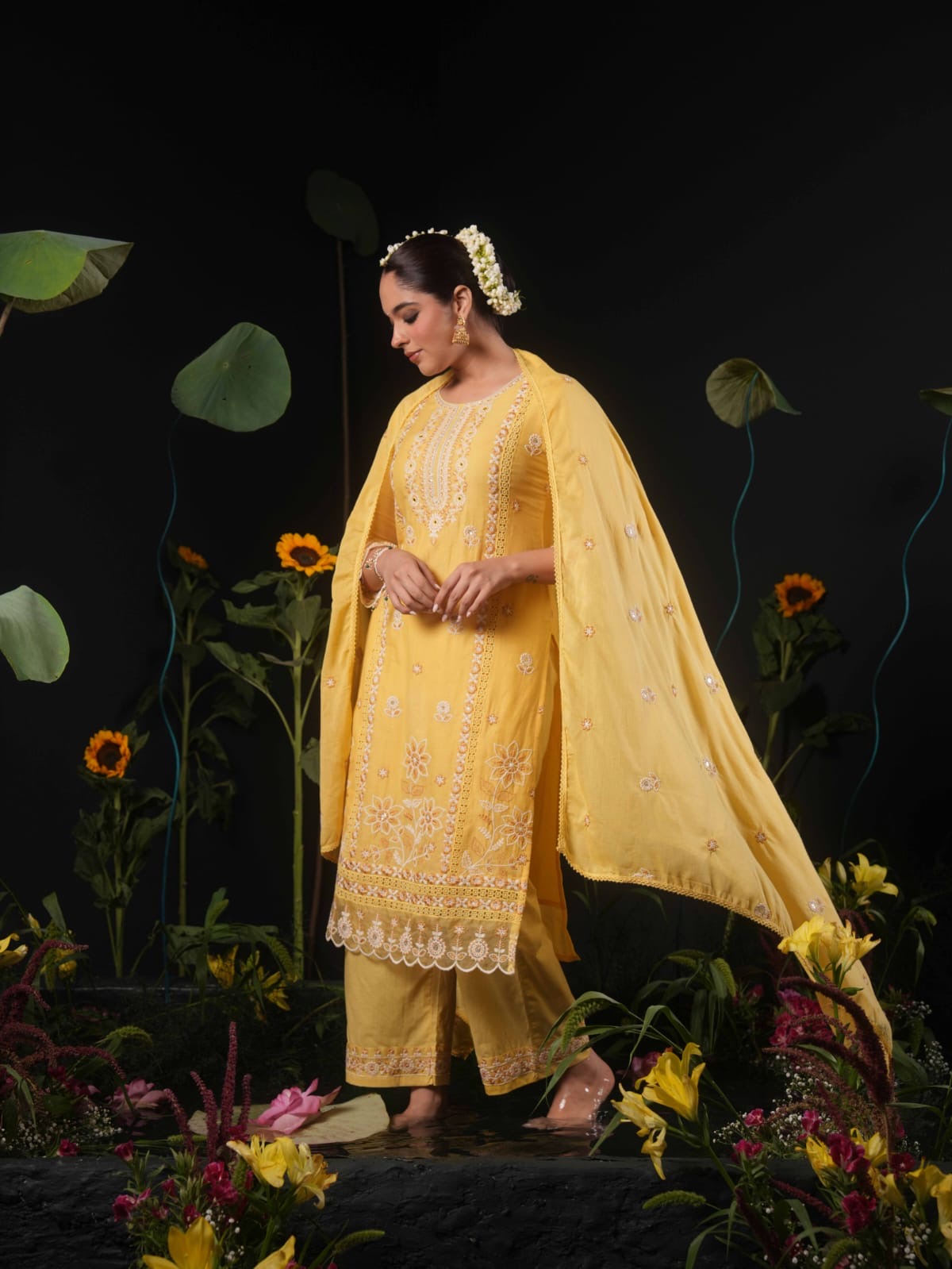 Yellow Embroidered Straight Kurta Pant Set with Dupatta for Women