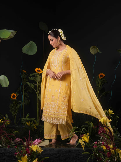 Yellow Embroidered Straight Kurta Pant Set with Dupatta for Women