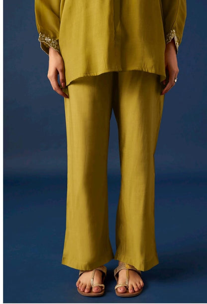 Women’s Olive Green Floral Embroidered Shirt & Straight Pants Co-ord Set | Premium Casual Wear