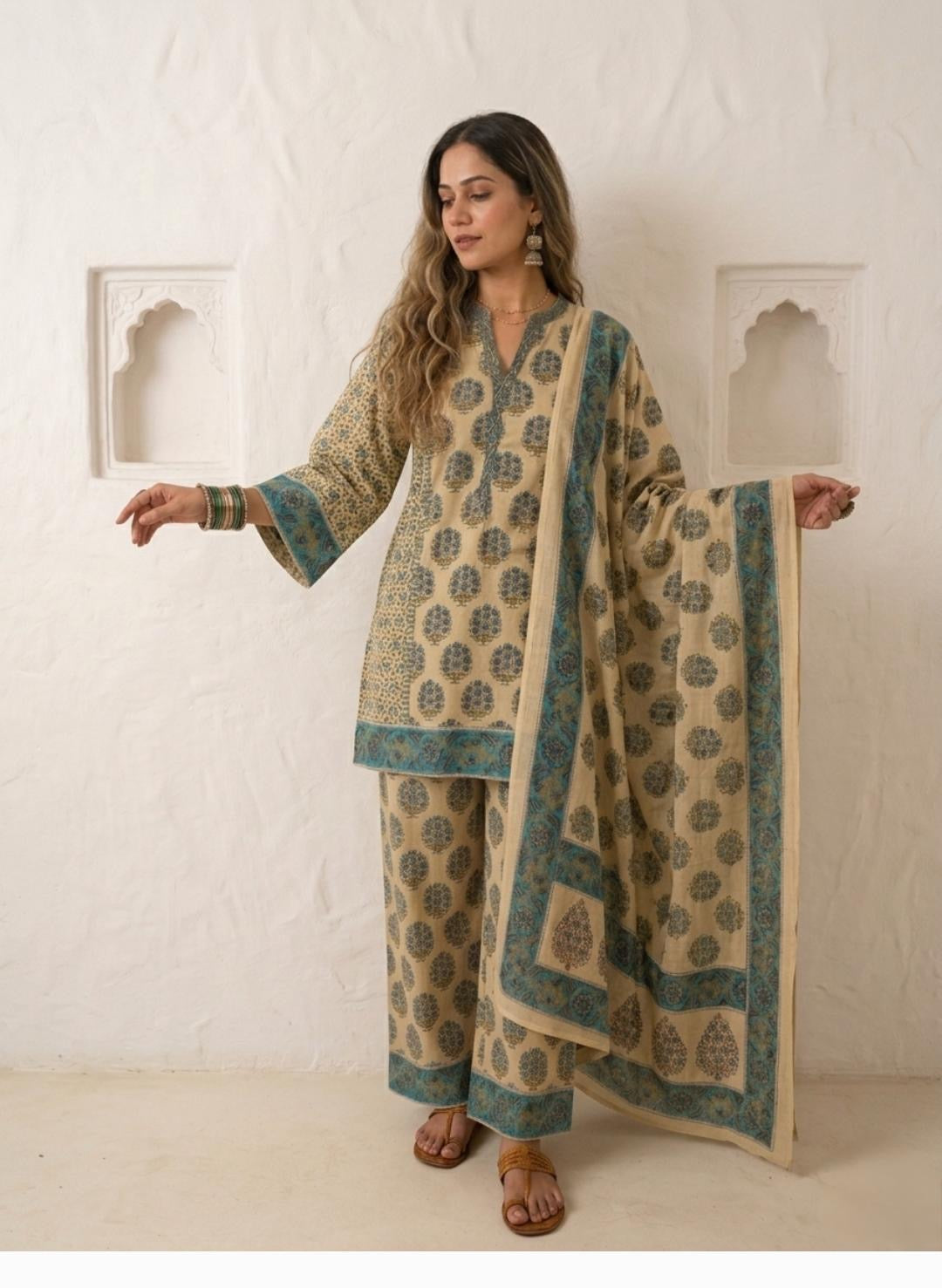 Rustic Olive ,Lime green , with rich teal  Handblock Suit Set