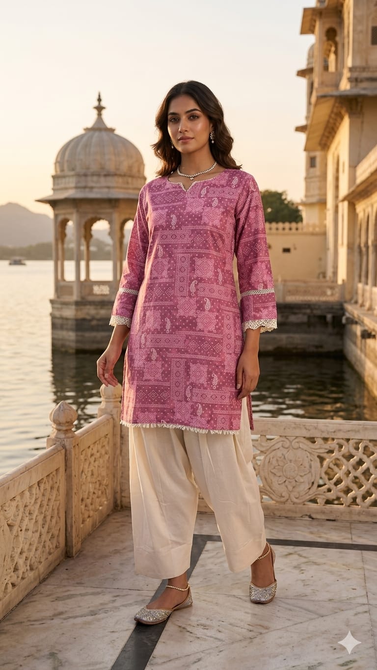 Women’s Pink Printed Cotton Kurta with Palazzo Pants | Ethnic Straight Kurta Set | Casual & Festive Wear