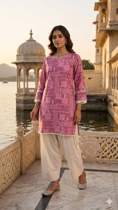 Women’s Pink Printed Cotton Kurta with Palazzo Pants | Ethnic Straight Kurta Set | Casual & Festive Wear