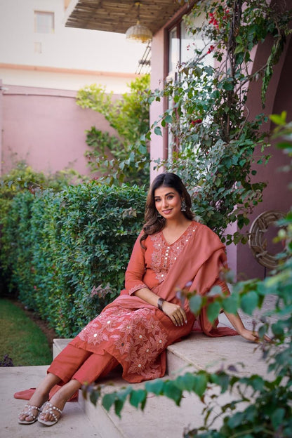 Premium Mul Chanderi Appliqué & Mirror Work Kurta Set with Dupatta