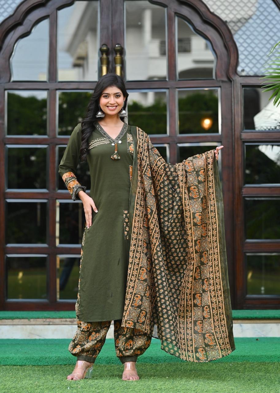 Women’s Black Printed Cotton Kurta Salwar Dupatta Set | Traditional Ethnic 3-Piece Suit | Ajrakh Inspired Festive & Casual Wear