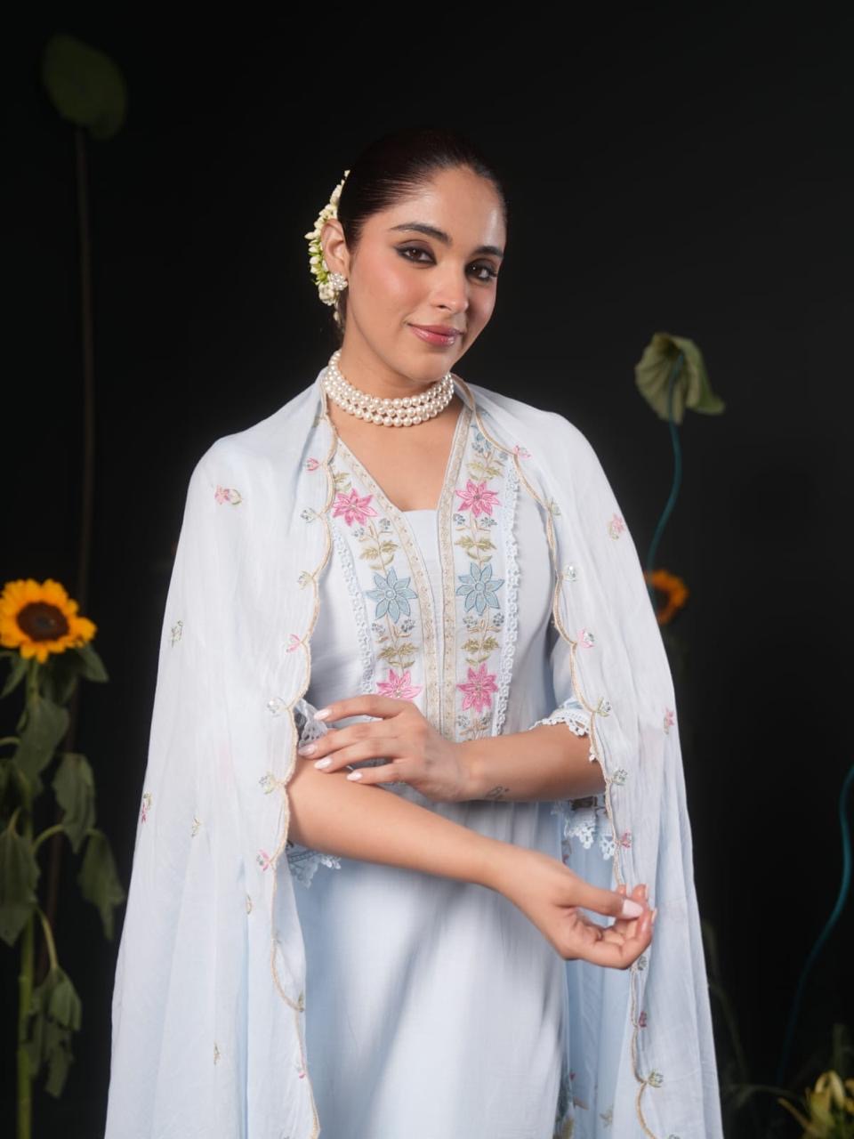 Women’s Pastel Green Embroidered Cotton Kurta Pant Dupatta Set | Floral Embroidered 3-Piece Ethnic Suit | Festive & Party Wear