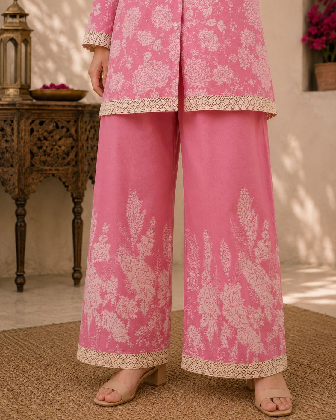 Women’s Mustard Yellow Floral Printed Cotton Co-Ord Set | Button-Down Shirt with Wide-Leg Pants | Casual Summer Ethnic Fusion Outfit