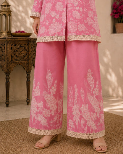 Women’s Mustard Yellow Floral Printed Cotton Co-Ord Set | Button-Down Shirt with Wide-Leg Pants | Casual Summer Ethnic Fusion Outfit