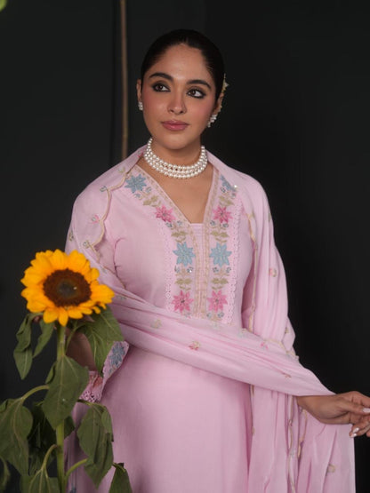 Women’s Pastel Green Embroidered Cotton Kurta Pant Dupatta Set | Floral Embroidered 3-Piece Ethnic Suit | Festive & Party Wear