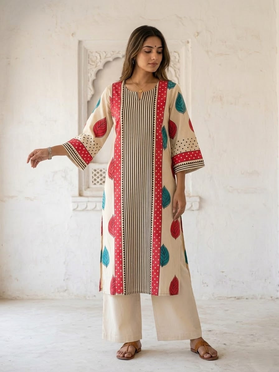 Mulson Ivory Leaf Stripe Kurta Set