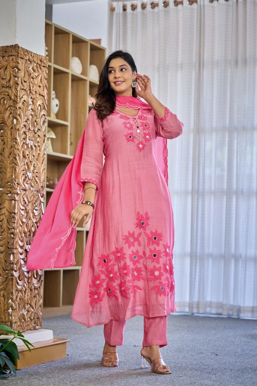 Premium Mul Chanderi Appliqué & Mirror Work Kurta Set with Dupatta