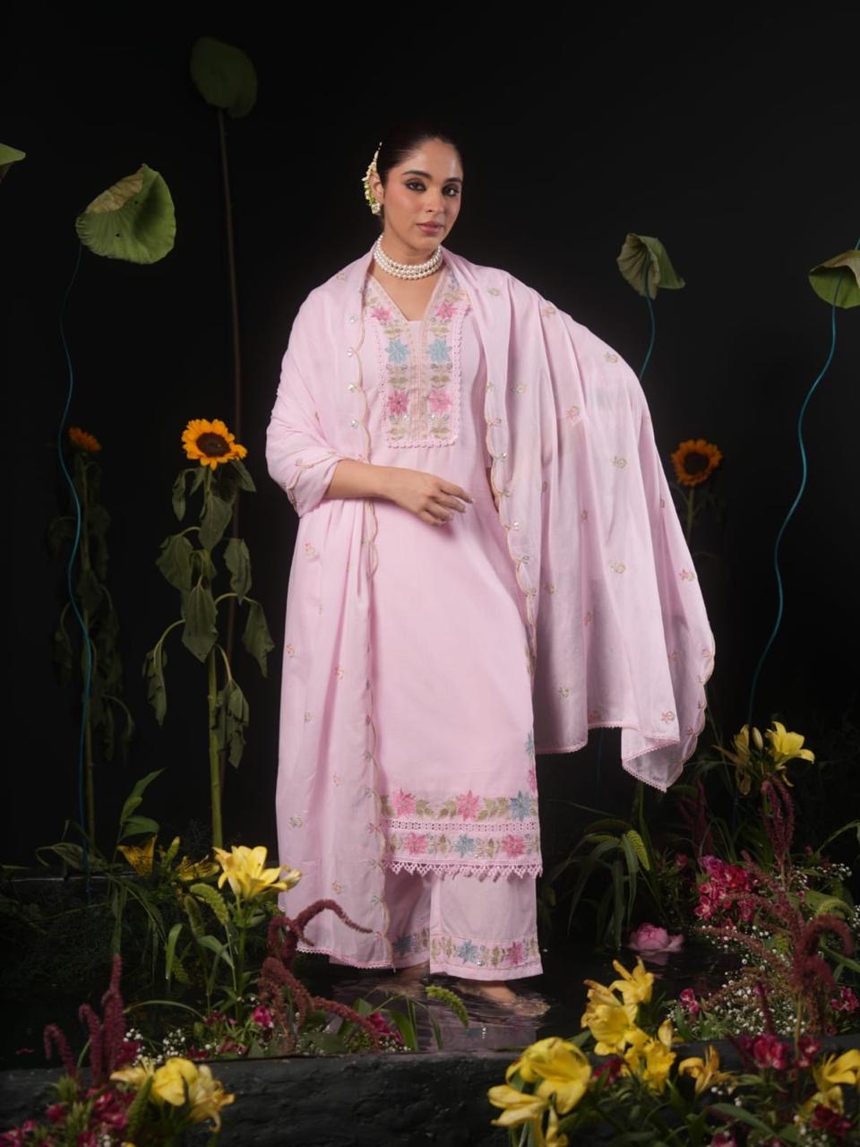 Women’s Pastel Green Embroidered Cotton Kurta Pant Dupatta Set | Floral Embroidered 3-Piece Ethnic Suit | Festive & Party Wear