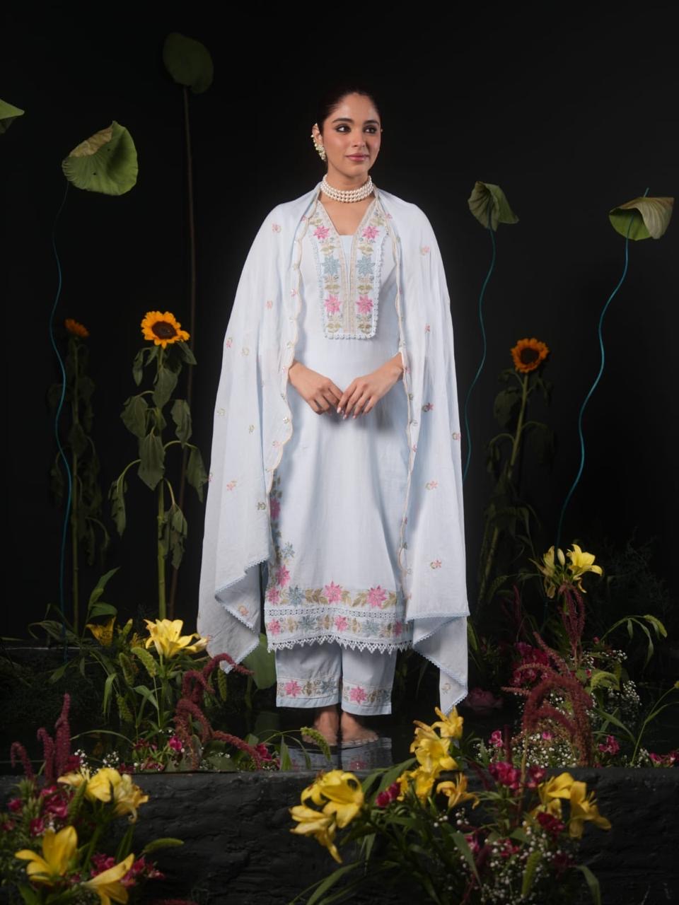 Women’s Pastel Green Embroidered Cotton Kurta Pant Dupatta Set | Floral Embroidered 3-Piece Ethnic Suit | Festive & Party Wear