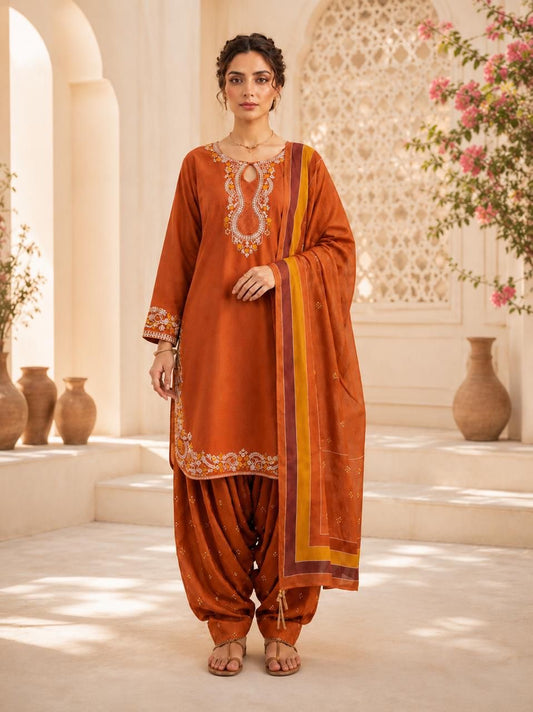 Rust Orange Embroidered Patiala Suit Set with Dupatta for Women