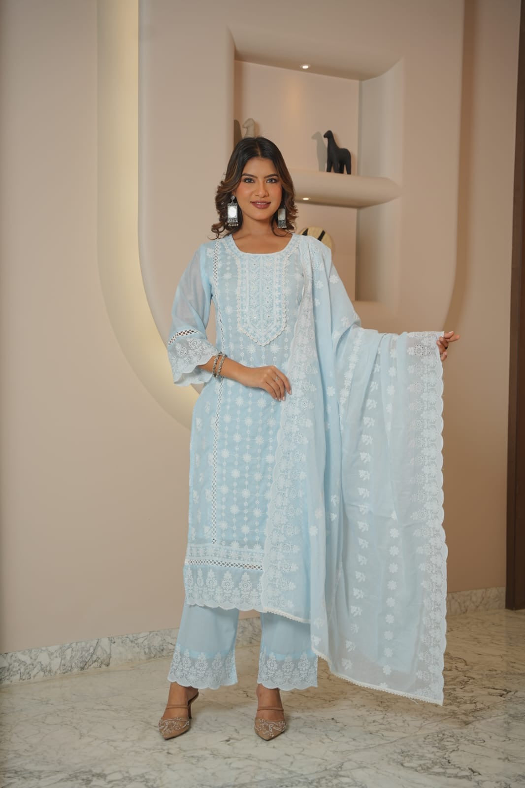 Women’s Lemon Yellow Embroidered Kurta Pant Dupatta Set