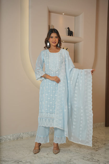 Women’s Lemon Yellow Embroidered Kurta Pant Dupatta Set