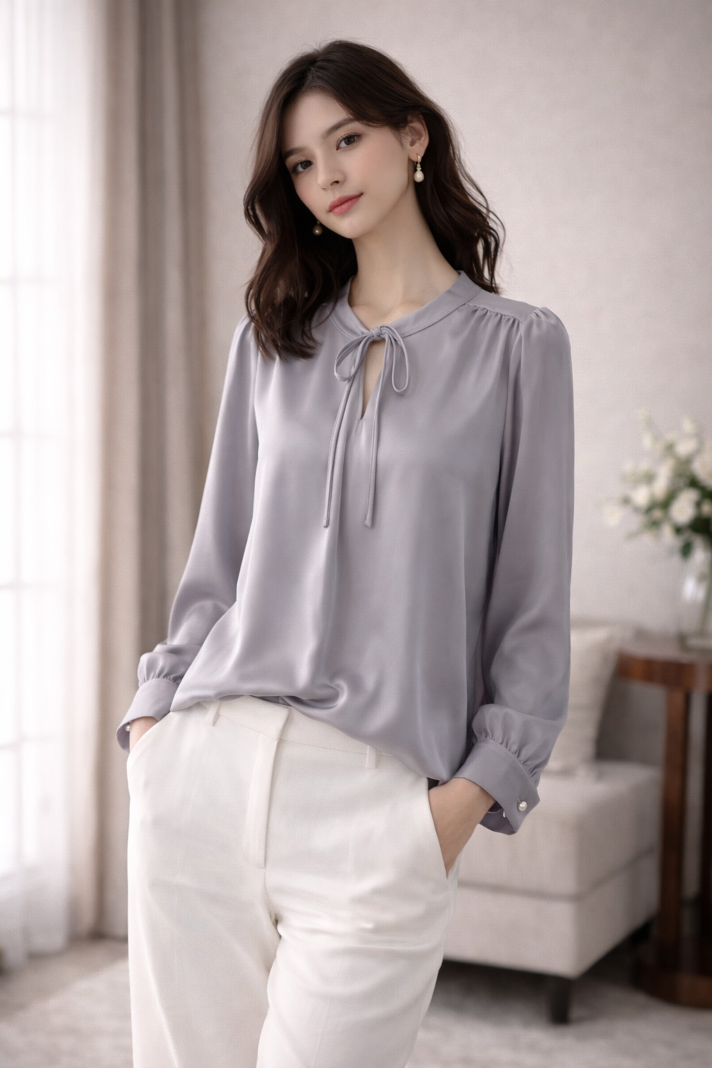 Elegant Tie-Neck Satin Top – Soft Grey