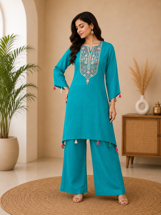 Turquoise Embroidered Co-Ord Set for Women