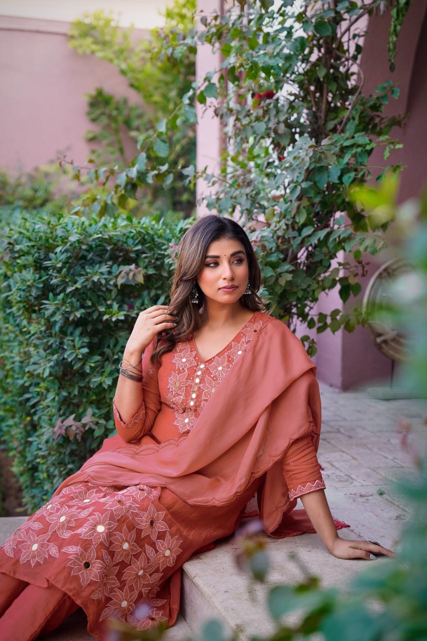 Premium Mul Chanderi Appliqué & Mirror Work Kurta Set with Dupatta