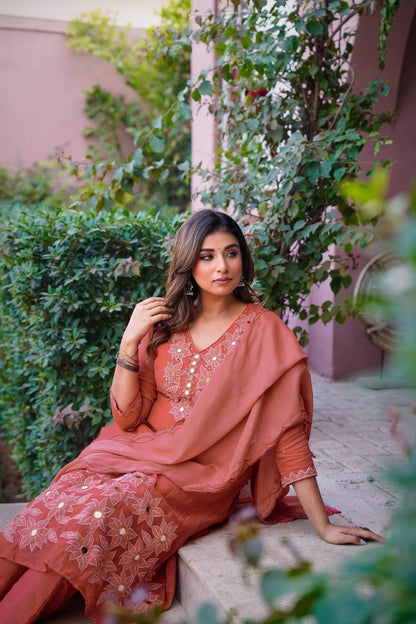 Premium Mul Chanderi Appliqué & Mirror Work Kurta Set with Dupatta