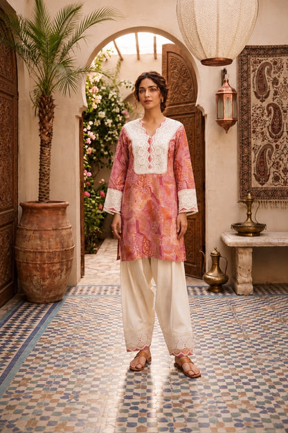 Women’s Lavender Printed Kurta with Off-White Patiala Pants | Embroidered Lace Neck Cotton Blend Ethnic Suit Set | Casual & Festive Wear