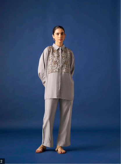 Women’s Grey Floral Embroidered Shirt & Straight Pants Co-ord Set | Elegant Casual Ethnic Wear