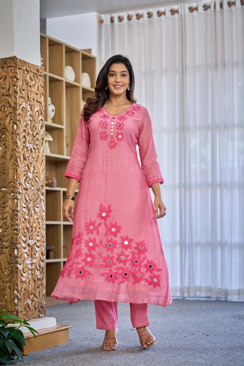 Premium Mul Chanderi Appliqué & Mirror Work Kurta Set with Dupatta