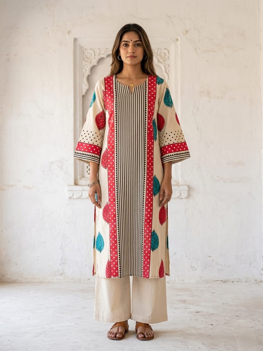 Mulson Ivory Leaf Stripe Kurta Set