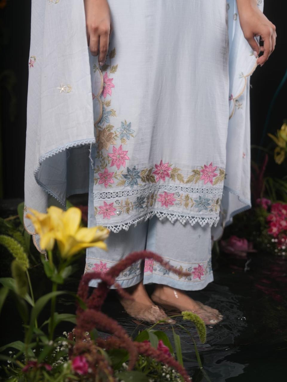 Women’s Pastel Green Embroidered Cotton Kurta Pant Dupatta Set | Floral Embroidered 3-Piece Ethnic Suit | Festive & Party Wear